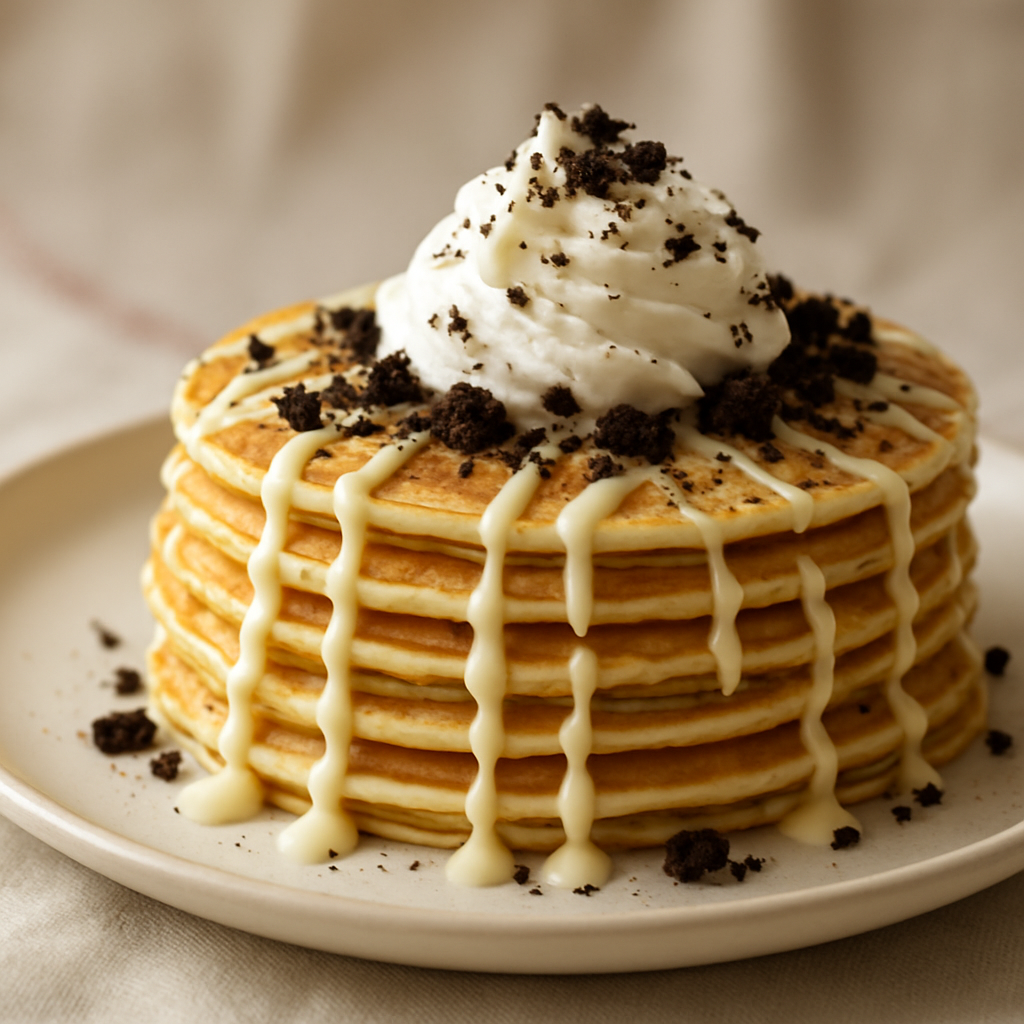 Oreo Pancake — White chocolate drizzle layered with chocolate cookie crumbles.