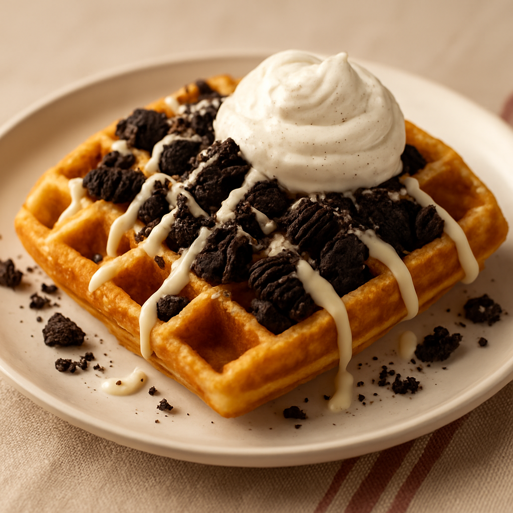 Belgian waffle with white chocolate and OREO cookie crumbs