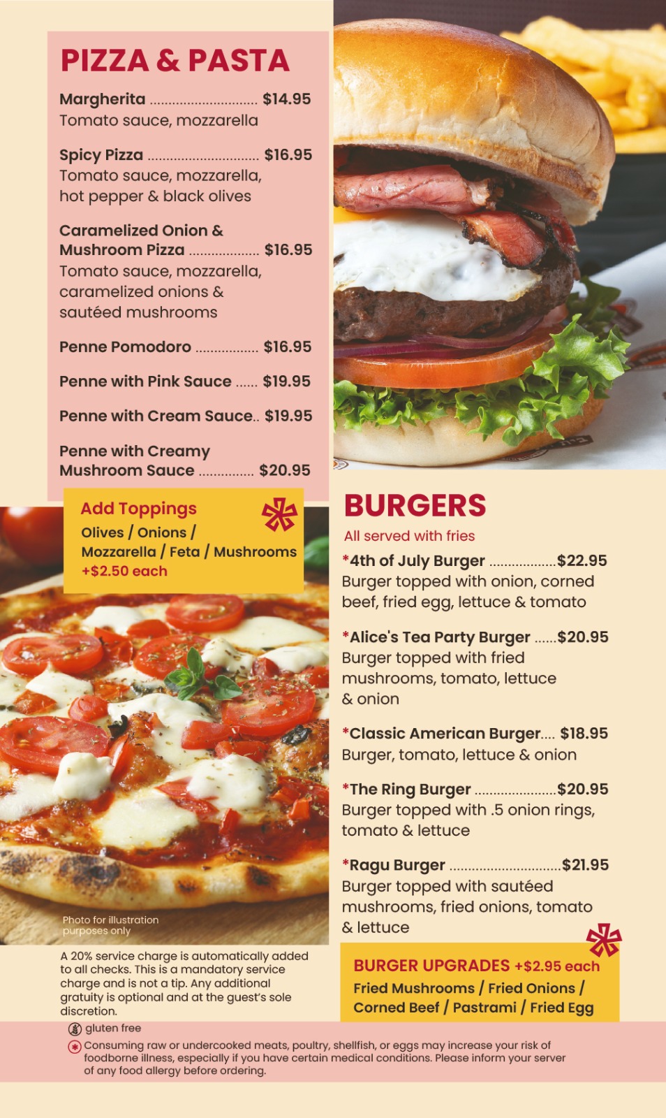 Printed menu page 4: Pizza, Pasta & Burgers