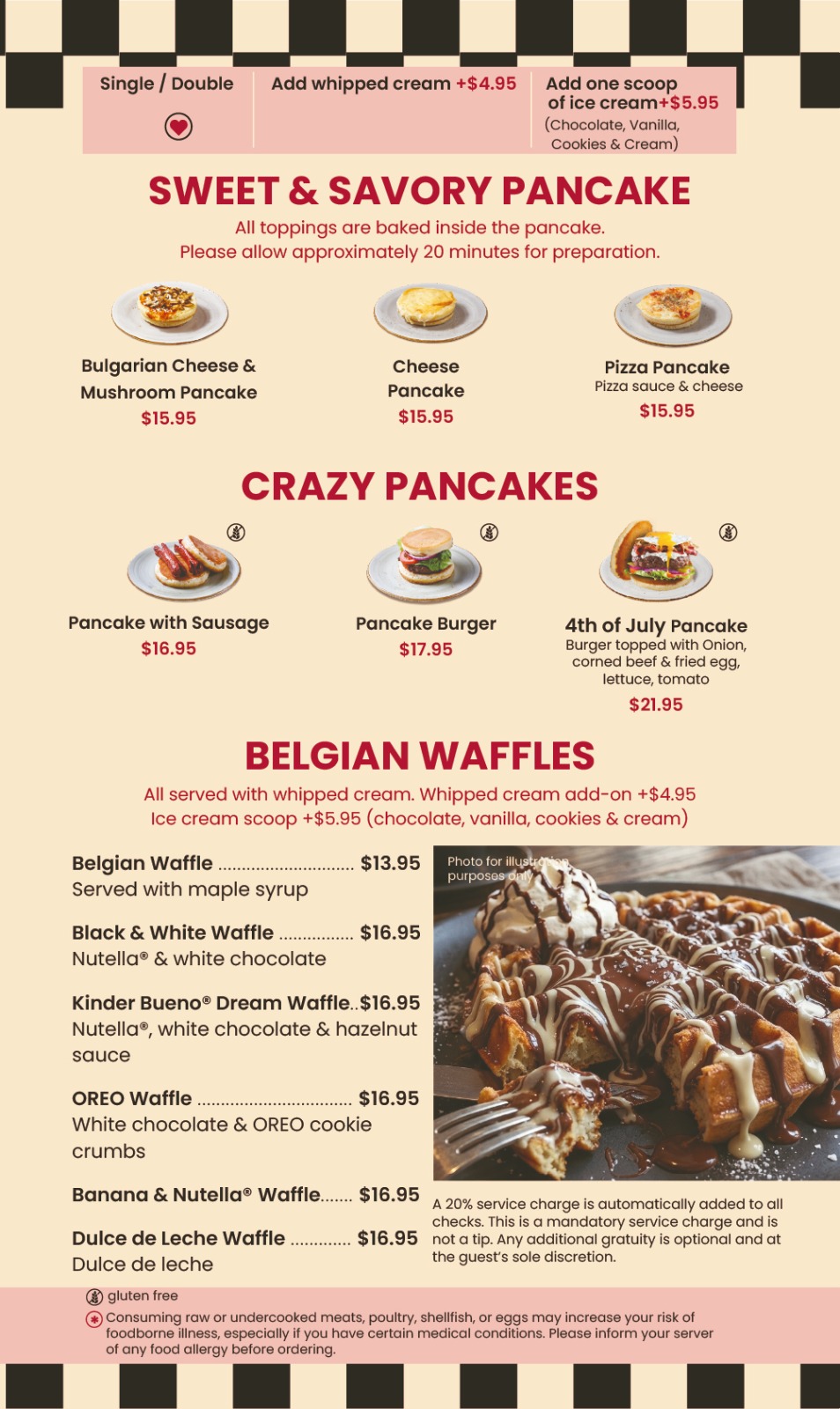 Printed menu page 6: Sweet & Savory, Crazy Pancakes & Waffles
