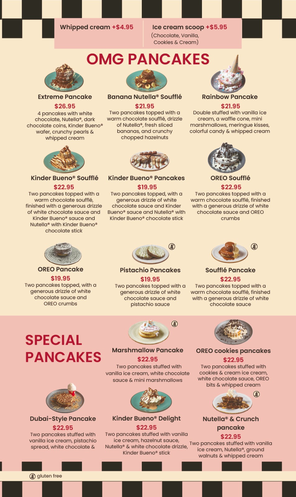 Printed menu page 7: OMG & Special Pancakes