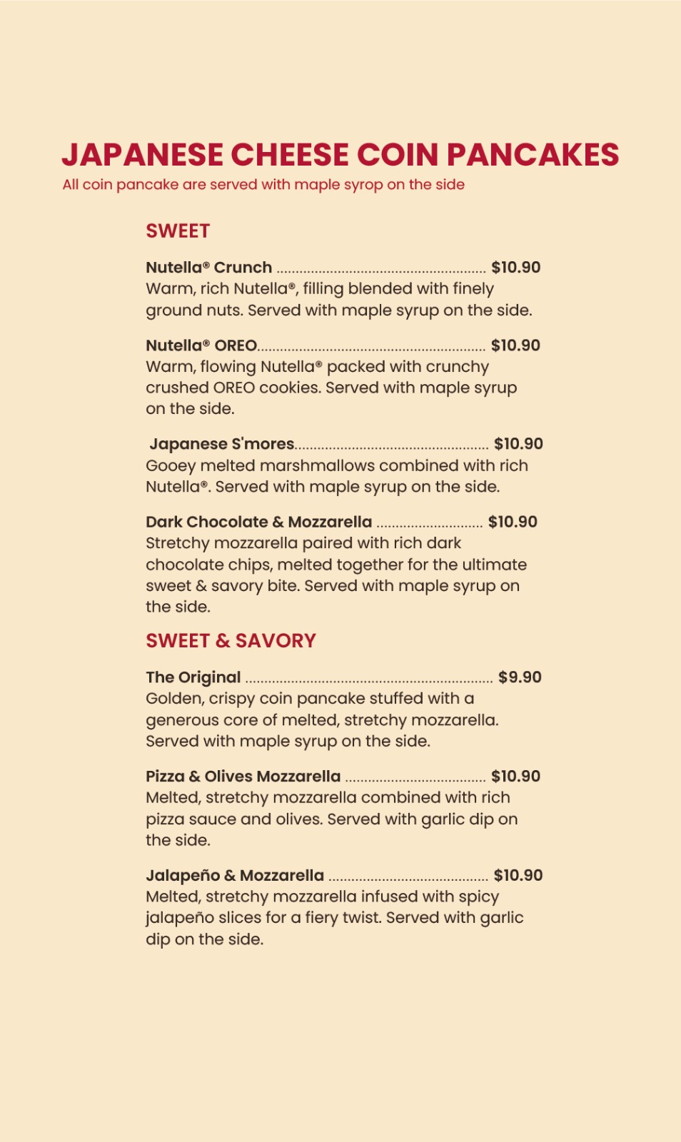 Printed menu page 8: Japanese Cheese Coin Pancakes