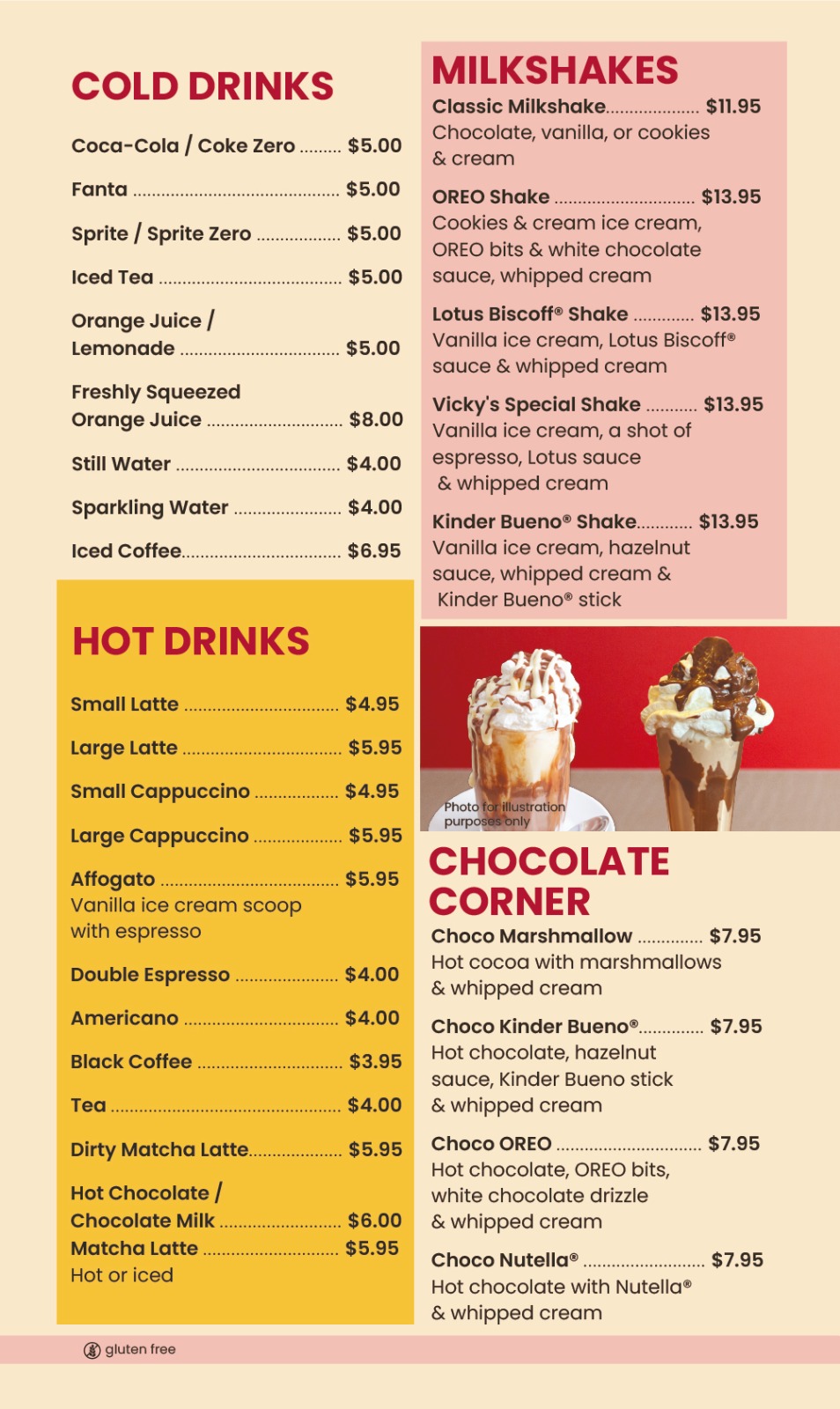 Printed menu page 10: Drinks, Milkshakes & Chocolate Corner